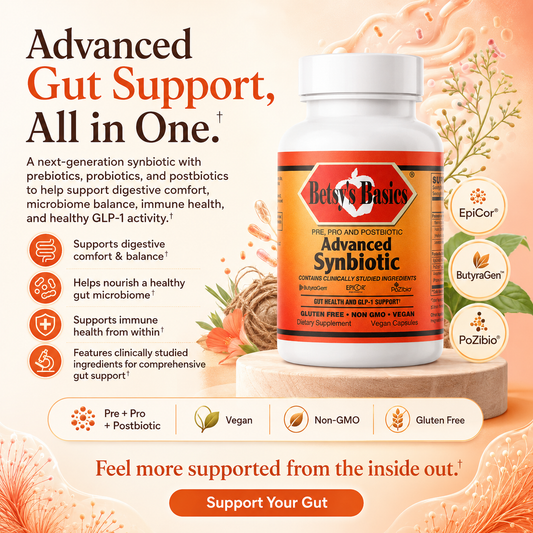 A bottle of Betty's Basics Advanced Gut Support dietary supplement centered on a warm beige and orange promotional background with text callouts and ingredient badges.