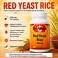 A bottle of Betsy's Basics Red Yeast Rice 600 mg dietary supplement centered on a warm orange and yellow background with text callouts about health benefits and red yeast rice grains shown around it.