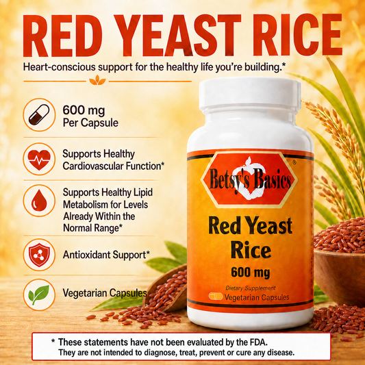 A bottle of Betsy's Basics Red Yeast Rice 600 mg dietary supplement centered on a warm orange and yellow background with text callouts about health benefits and red yeast rice grains shown around it.