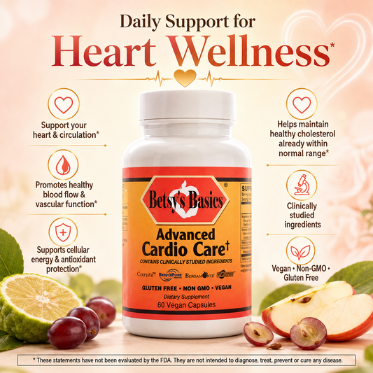 A bottle of Betsys Basics Advanced Cardio Care on a pink background with statements about the product highlights