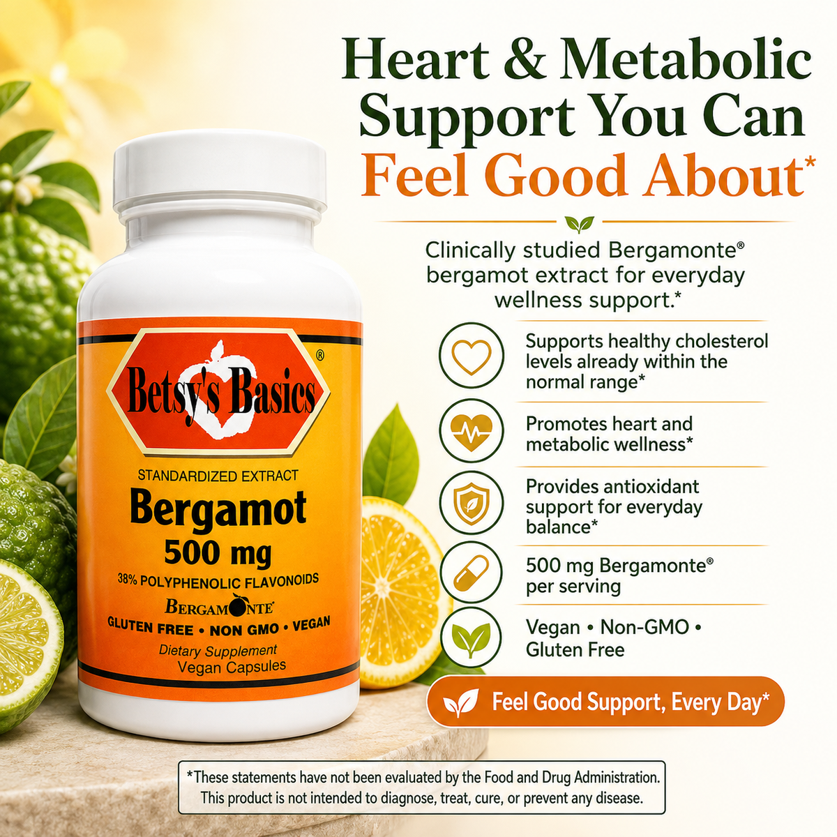 A bottle of Betsy's Basics Bergamot 500 mg dietary supplement capsules shown on a bright promotional graphic with oranges, bergamot rinds, and text about heart and metabolic support.