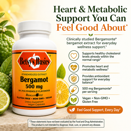 A bottle of Betsy's Basics Bergamot 500 mg dietary supplement capsules shown on a bright promotional graphic with oranges, bergamot rinds, and text about heart and metabolic support.