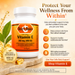 A bottle of Betsy's Basics Natural Vitamin E 268 mg (400 IU) dietary supplement softgels, set against a warm golden background with text overlays and health icons.