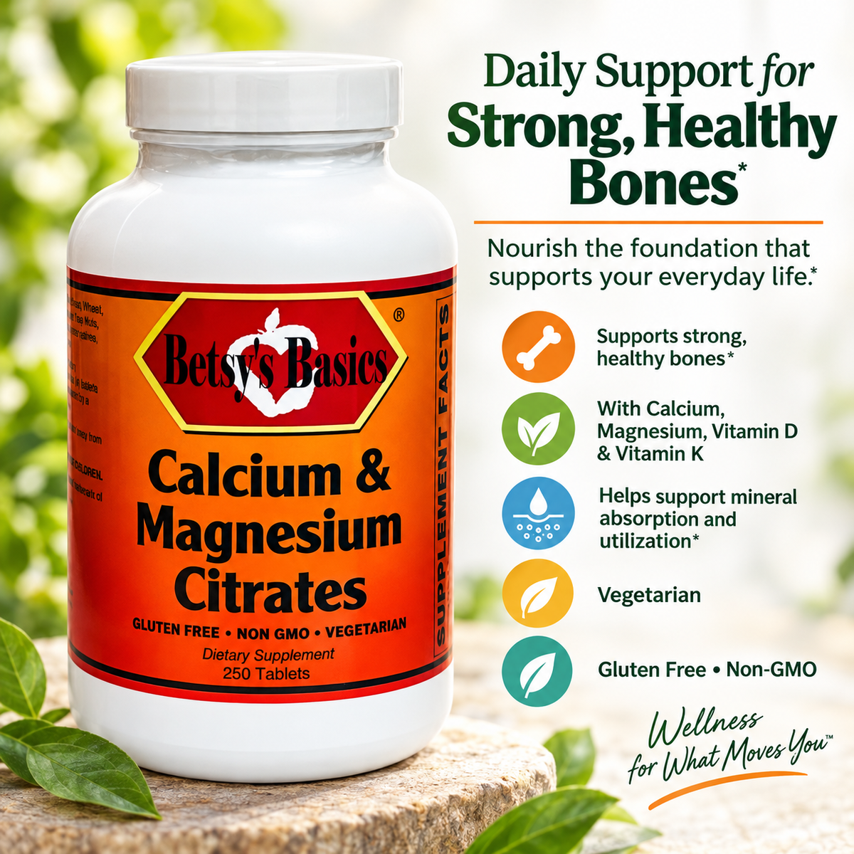 Supplement bottle of Betsy's Basics Calcium and Magnesium Citrates on top of a stone with greenery and a light background. Includes key selling points.