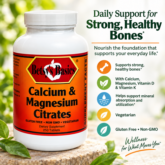 Supplement bottle of Betsy's Basics Calcium and Magnesium Citrates on top of a stone with greenery and a light background. Includes key selling points.