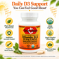 Betsy's Basics Daily D3 Support Vitamin D-3 supplement bottle on a light beige background with promotional text and icons. The bottle is white with an orange label, and several white capsules are shown in front.