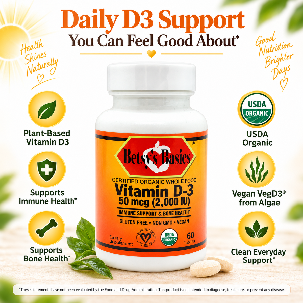 Betsy's Basics Daily D3 Support Vitamin D-3 supplement bottle on a light beige background with promotional text and icons. The bottle is white with an orange label, and several white capsules are shown in front.