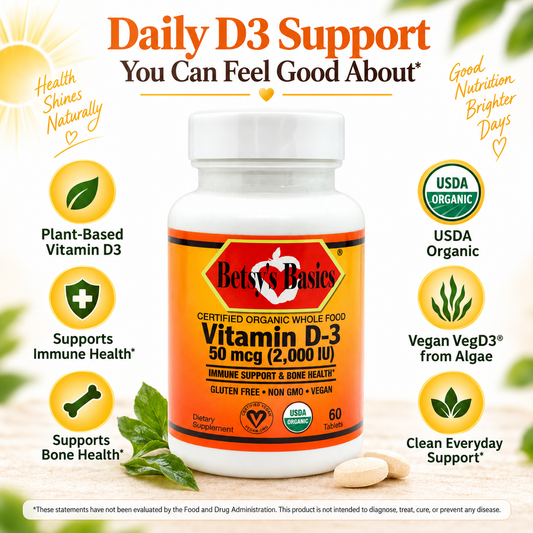 Betsy's Basics Daily D3 Support Vitamin D-3 supplement bottle on a light beige background with promotional text and icons. The bottle is white with an orange label, and several white capsules are shown in front.