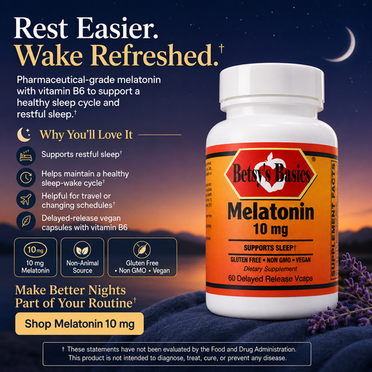 A bottle of Betsy's Basics Melatonin 10 mg dietary supplement shown on a dark blue promotional background with moon and star graphics, text callouts, and a yellow shopping banner.
