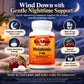 A bottle of Betty's Basics Melatonin 3 mg dietary supplement on a dark, cozy nighttime background with cherry props and callout badges highlighting sleep support, B6 content, cherry flavor, and non-animal sourcing.
