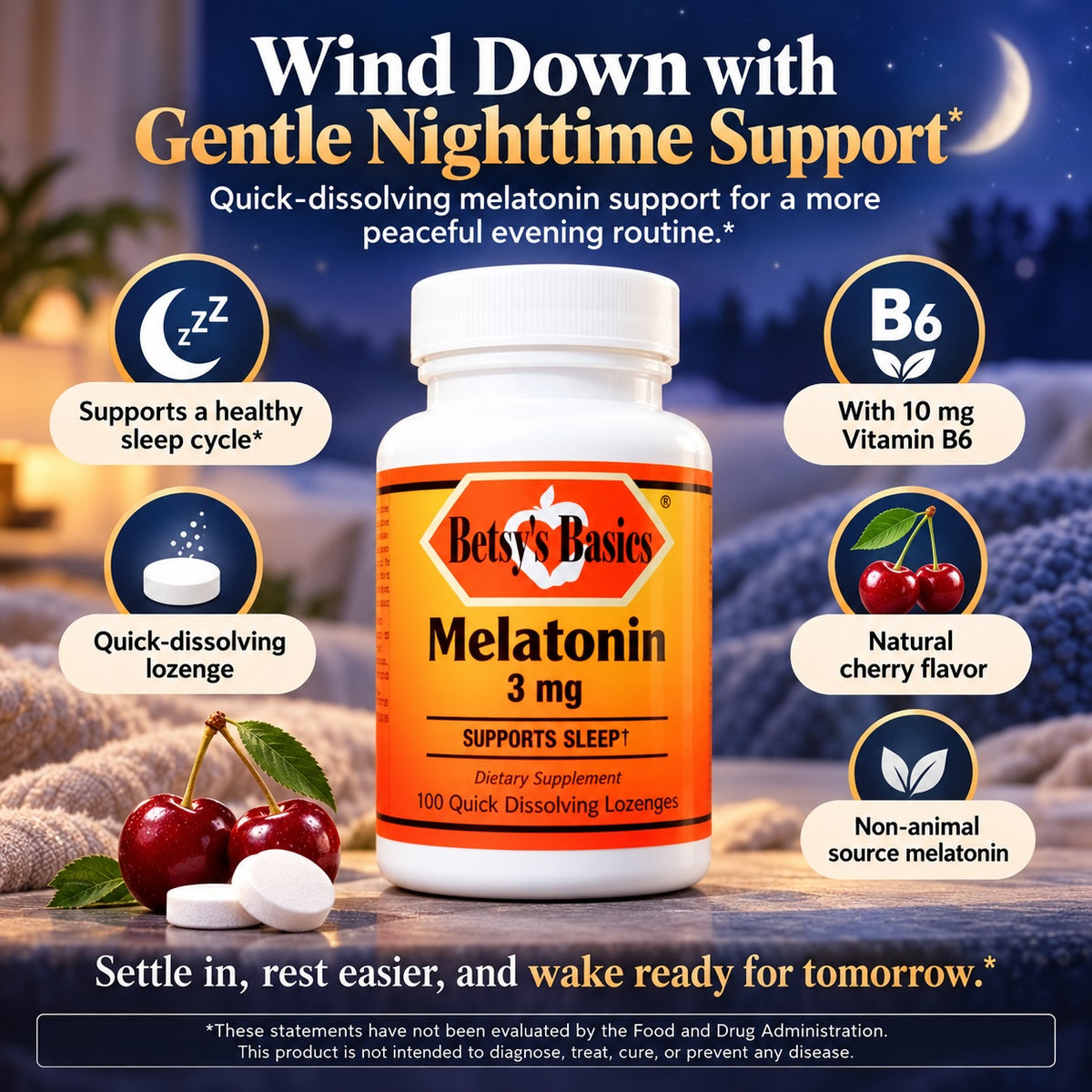 A bottle of Betty's Basics Melatonin 3 mg dietary supplement on a dark, cozy nighttime background with cherry props and callout badges highlighting sleep support, B6 content, cherry flavor, and non-animal sourcing.