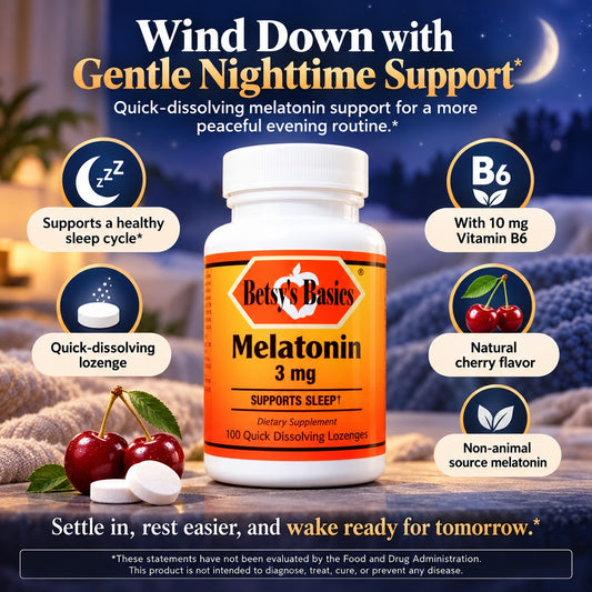A bottle of Betty's Basics Melatonin 3 mg dietary supplement on a dark, cozy nighttime background with cherry props and callout badges highlighting sleep support, B6 content, cherry flavor, and non-animal sourcing.