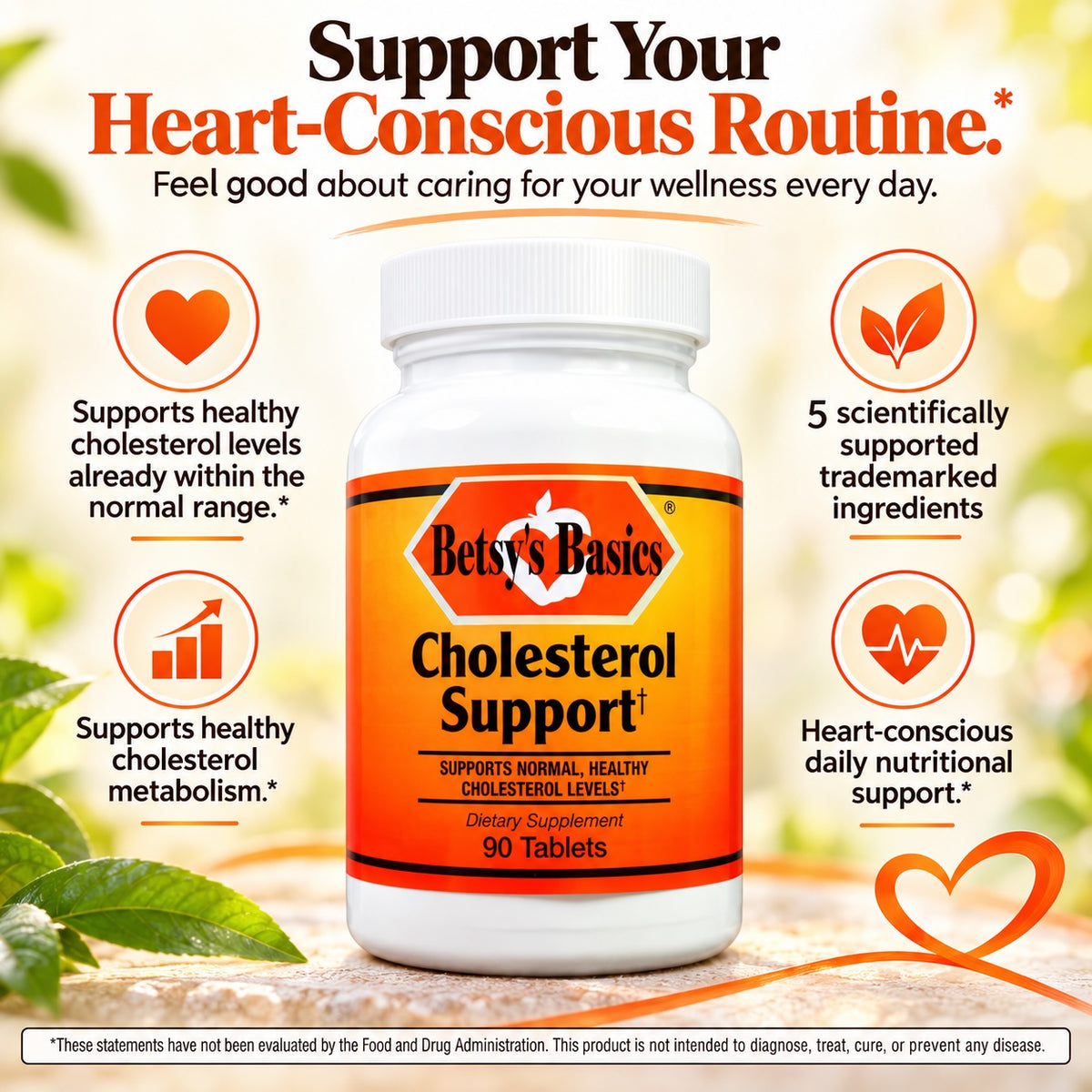 Bottle of Betsys Basics Cholesterol Suport* with a light-green background and callouts such as five scientirically upported trademaarked ingredients and supports healthy cholesterol metabolism.*