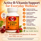 Betsy's Basics Active B-Vitamin Support supplement bottle shown on a promotional graphic with berries, text callouts, and icons about cellular energy, methylation, brain and nerve support, red blood cell support, chewable tablets, vegan and gluten-free status.