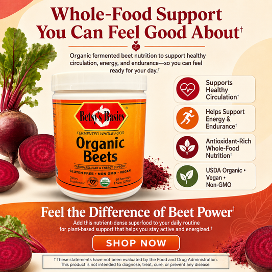 Supplement bottle of organic beets powder with a background with beets