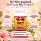 A bottle of Betsy's Basics Advanced FEM Care dietary supplement centered on a floral and text-heavy promotional background. The bottle has a white cap and a yellow label with red and black text.