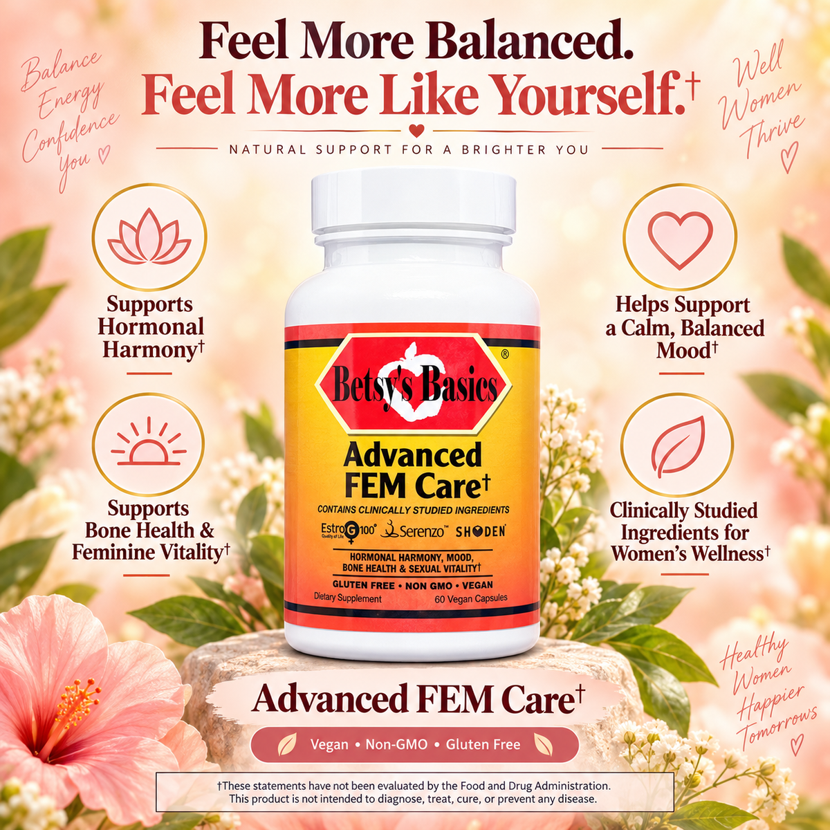 A bottle of Betsy's Basics Advanced FEM Care dietary supplement centered on a floral and text-heavy promotional background. The bottle has a white cap and a yellow label with red and black text.