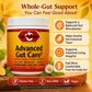 A jar of Beta's Basics Advanced Gut Care dietary supplement on a warm yellow-orange background with text callouts about gut support, shown with ginger, flowers, and leaf graphics.