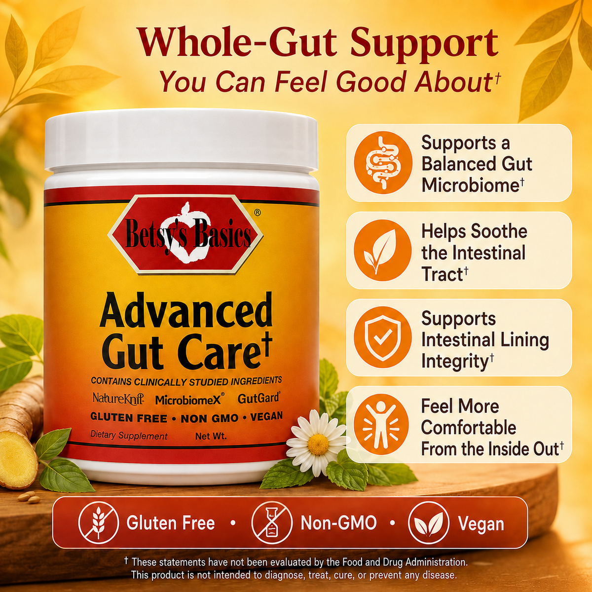 A jar of Beta's Basics Advanced Gut Care dietary supplement on a warm yellow-orange background with text callouts about gut support, shown with ginger, flowers, and leaf graphics.