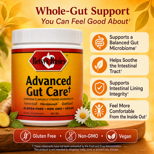 A jar of Beta's Basics Advanced Gut Care dietary supplement on a warm yellow-orange background with text callouts about gut support, shown with ginger, flowers, and leaf graphics.