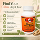 A bottle of Betsy's Basics Advanced Stress Support dietary supplement centered on a warm beige background with herbal illustrations and text callouts about calming support and ingredients.