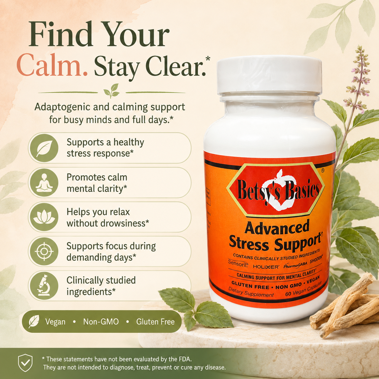 A bottle of Betsy's Basics Advanced Stress Support dietary supplement centered on a warm beige background with herbal illustrations and text callouts about calming support and ingredients.