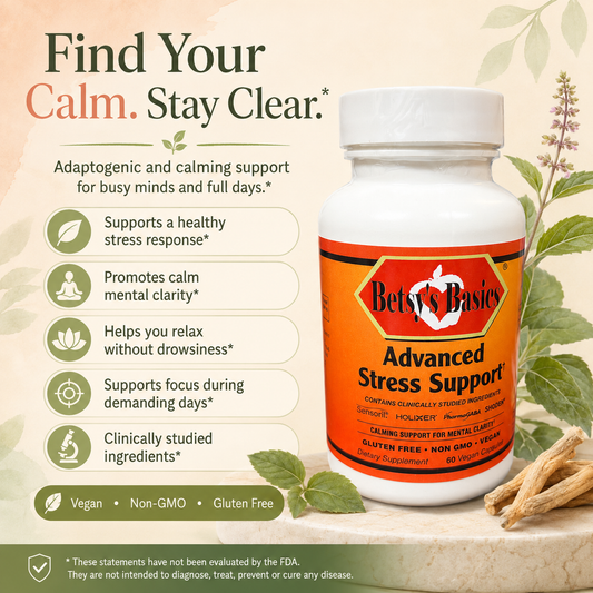 A bottle of Betsy's Basics Advanced Stress Support dietary supplement centered on a warm beige background with herbal illustrations and text callouts about calming support and ingredients.
