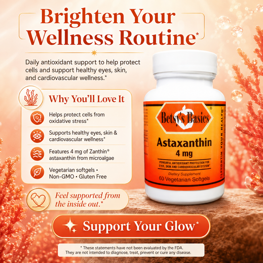 Betsys Basics bottle of Astaxanthin 4 mg with key selling points on a salmon background with seaweed