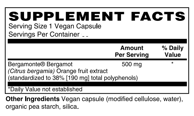 A supplement facts label showing Bergamonte Bergamot 500 mg, with orange fruit extract listed as an other ingredient. The text details serving size of 1 vegan capsule and lists other ingredients including modified cellulose, water, organic pea starch, and silica.