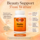 A supplement bottle labeled Betsy's Basics Biotin 5,000 mcg centered on a warm peach and beige promotional background with text callouts and a 'Shop Now' button.