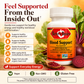 Betsy's Basics Blood Support supplement bottle shown on a promotional graphic with beet greens, sliced red beets, and text callouts about iron support and benefits.