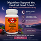 A bottle of Betsy's Basics High Potency Chewable Melatonin 10 mg is shown against a dark purple and blue night sky background with moon and stars. The bottle has an orange label and white cap, surrounded by berries.