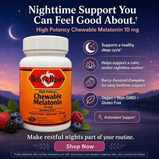 A bottle of Betsy's Basics High Potency Chewable Melatonin 10 mg is shown against a dark purple and blue night sky background with moon and stars. The bottle has an orange label and white cap, surrounded by berries.