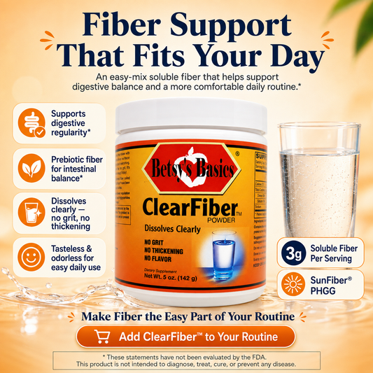 Betsy's Basics ClearFiber Powder fiber supplement in a white plastic jar with an orange and red label, shown on a warm beige background with marketing text, icons, and a glass of water. Visible brands include Betsy's Basics and SunFiber PHGG.