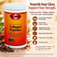 A white plastic tub of Bets & Basics Collagen Peptides with an orange label, shown on a promotional background with chocolate pieces, text callouts, and benefit icons.