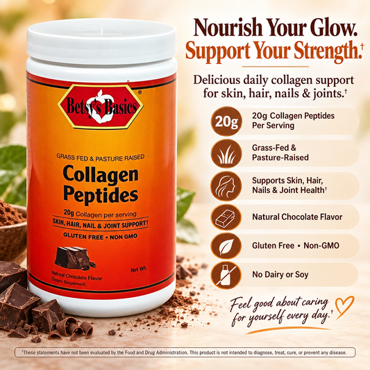 A white plastic tub of Bets & Basics Collagen Peptides with an orange label, shown on a promotional background with chocolate pieces, text callouts, and benefit icons.