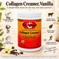 Betsys Basics Collagen Creamer supplement bottle on a light background with some vanilla plus key selling points like grass fed and pasture raised