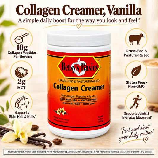 Betsys Basics Collagen Creamer supplement bottle on a light background with some vanilla plus key selling points like grass fed and pasture raised