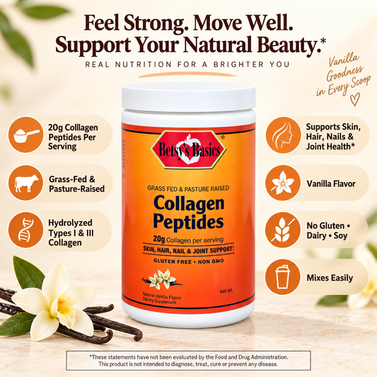 A bottle of Betsy's Basics Collagen Peptides in vanilla flavor, centered on a light beige background with decorative leaves and text callouts about collagen benefits and product features.
