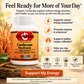 Betsy's Basics Cordyceps Mushroom energy support supplement bottle shown on a rustic wooden background with informational text and icons about its benefits.