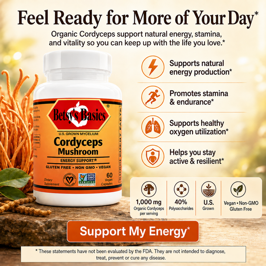 Betsy's Basics Cordyceps Mushroom energy support supplement bottle shown on a rustic wooden background with informational text and icons about its benefits.