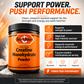 A tub of Bets's Basics Creatine Monohydrate Powder shown on a promotional graphic with bold text callouts about support for strength, energy, and performance. The product container is orange and black, with a white logo, and the background is a dark gradient with orange glow effects and feature icons.