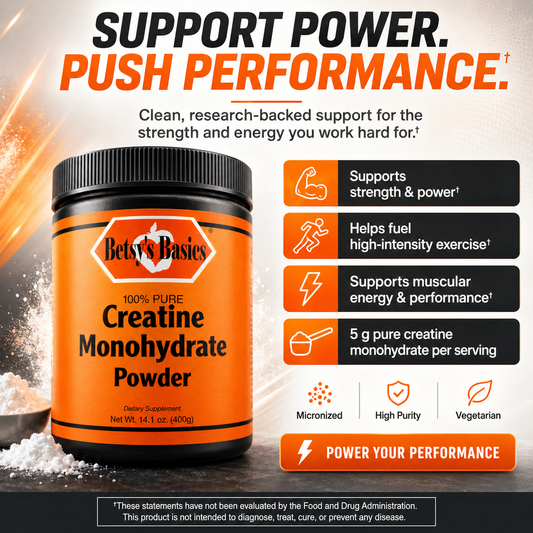 A tub of Bets's Basics Creatine Monohydrate Powder shown on a promotional graphic with bold text callouts about support for strength, energy, and performance. The product container is orange and black, with a white logo, and the background is a dark gradient with orange glow effects and feature icons.