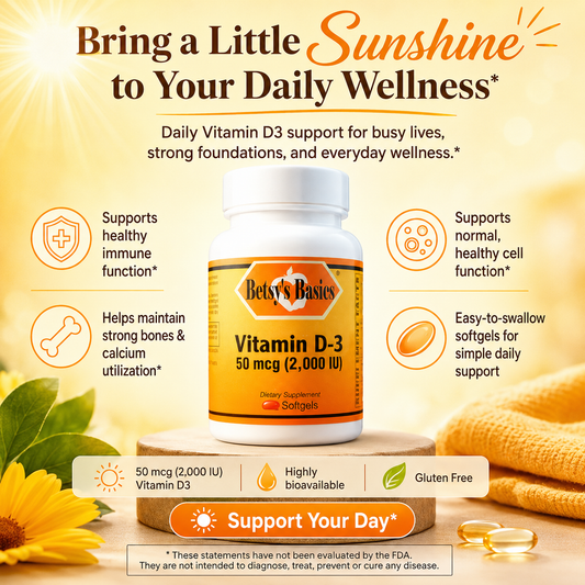 A bottle of Betty's Bakes Vitamin D-3 dietary supplement centered on a warm yellow and orange promotional background with sun graphics, icons, and text highlighting benefits. The bottle is white with a yellow label, and the scene includes decorative leaves, a flower, and softgels.