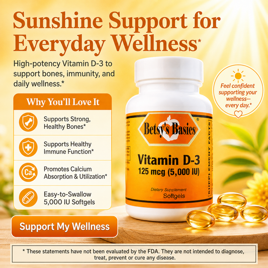 a bottle of Betsys Basics Vitamin D-3 5000 iu n a yellow background with softgels in the foreground and why you will love it selling points