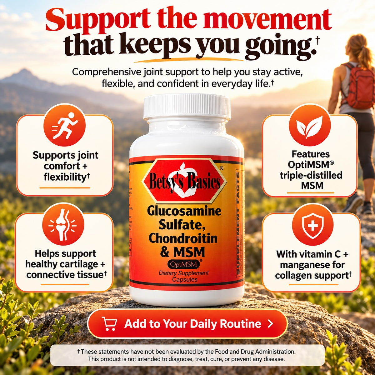 Betsys Basics Glucosamine Sulfate Chondroitin and MSM on a background of the outdoors with a backpacker and mountains in the distance plus callout statements like supports joint comfort and flexibility