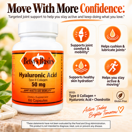 Betsy's Basics Hyaluronic Acid 50 mg dietary supplement bottle with an orange label, shown alongside informational graphics about joint support and benefits on a light background.