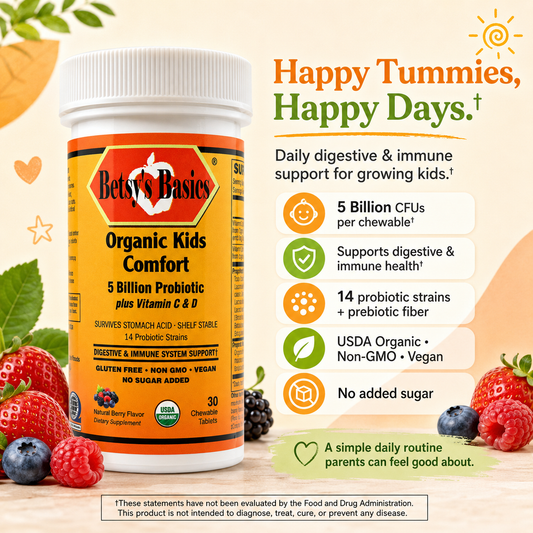 Betsy's Basics Organic Kids Comfort probiotic supplement bottle shown on a colorful promotional background with strawberries, blueberries, and text callouts about daily digestive and immune support.