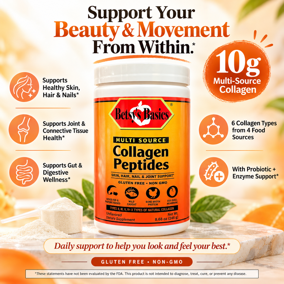 supplement canister of multi-source collagen peptide on a sunny backdrop with key selling points on both sides of the container