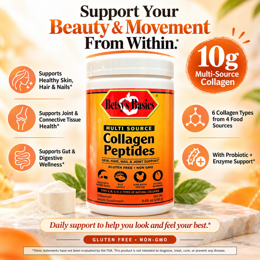 supplement canister of multi-source collagen peptide on a sunny backdrop with key selling points on both sides of the container